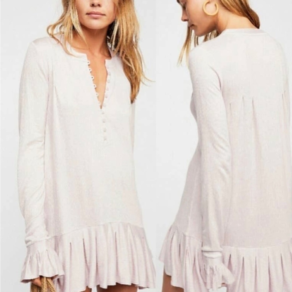 Free People Small Your Girl Flounce Hem Henley Knit Tunic Mini Dress Lavender